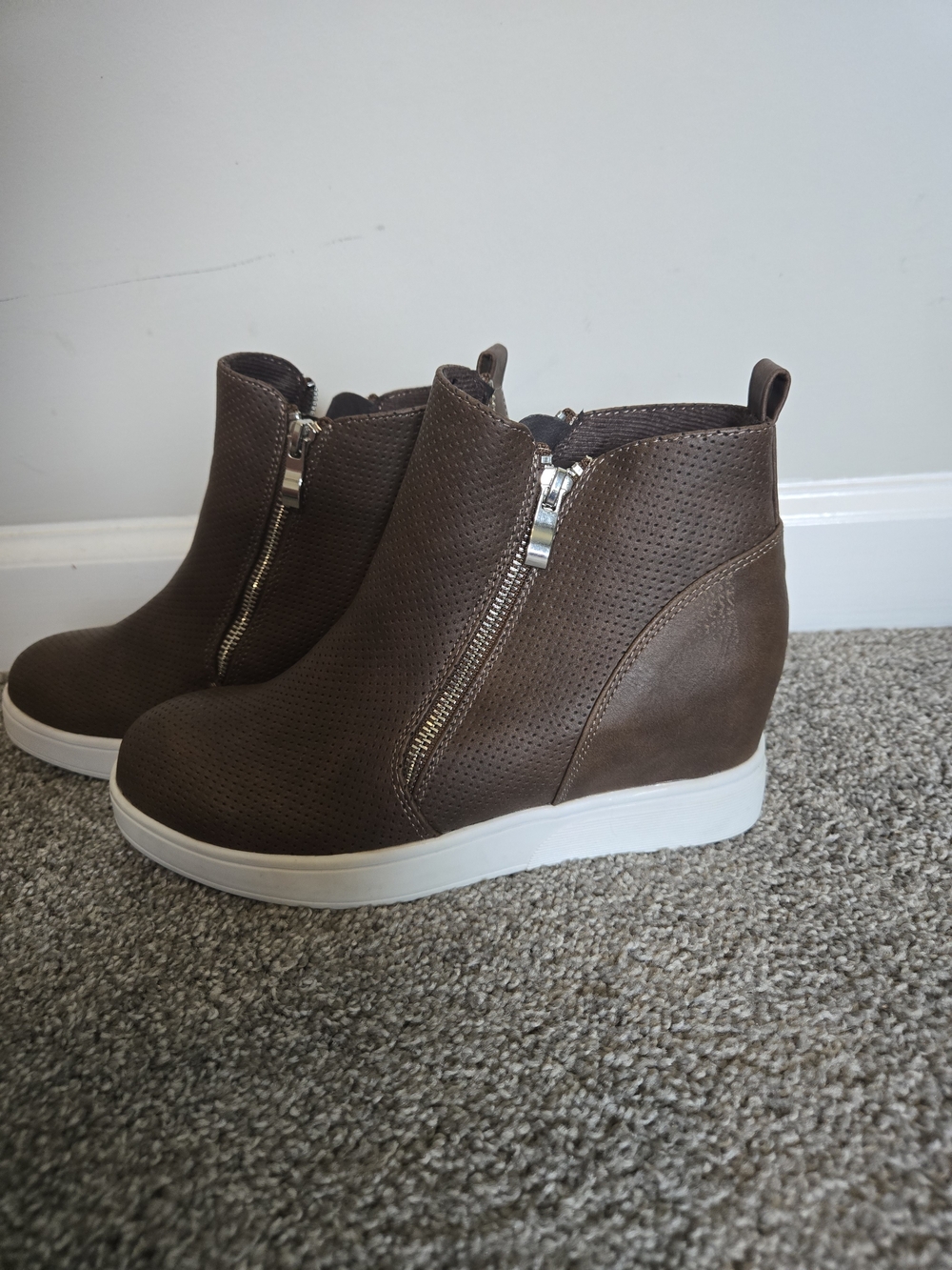 Journee Collection Brown Perforated Wedge Ankle Bootie with Side Zipper